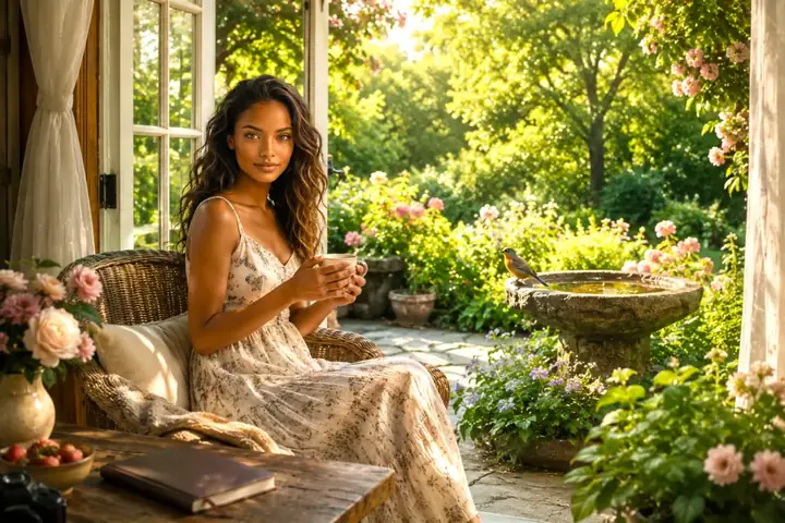 Woman sitting in a garden doorway with tea in morning light