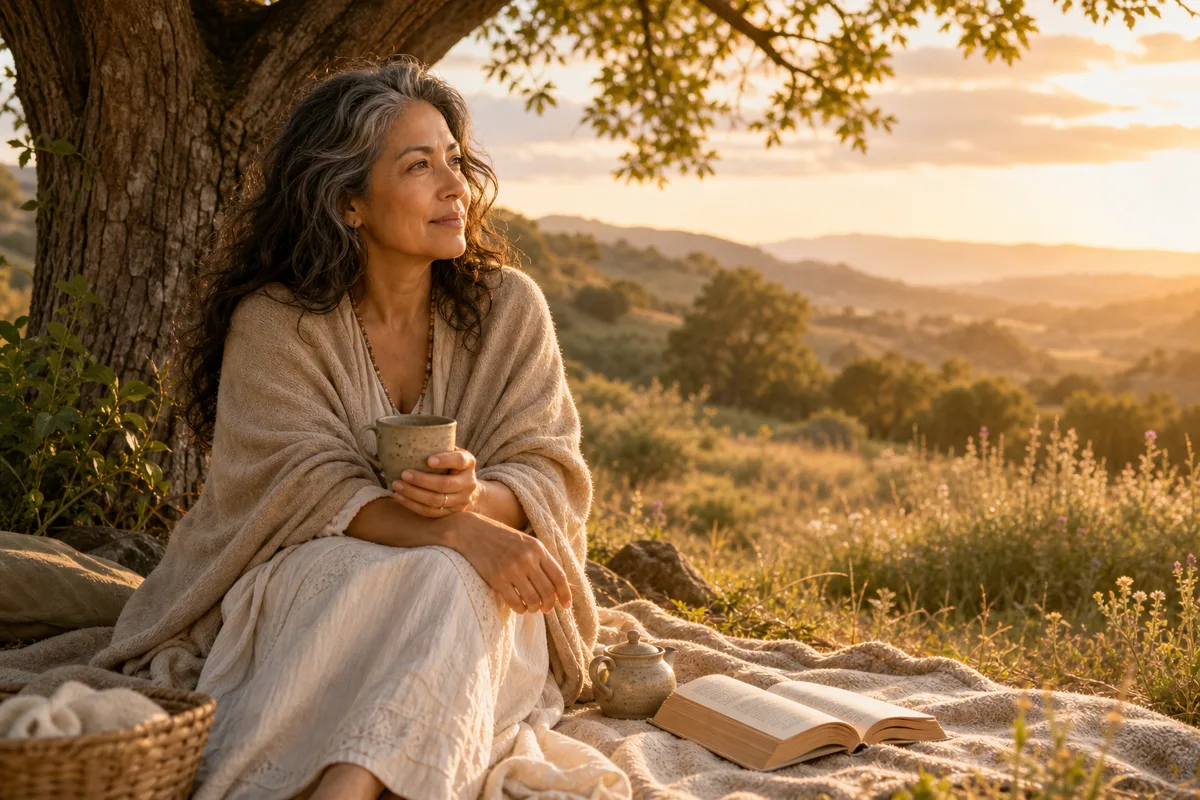 Woman resting on a blanket under a tree at golden hour