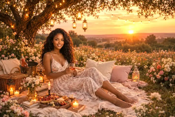 Woman resting on a blanket under a tree at sunset