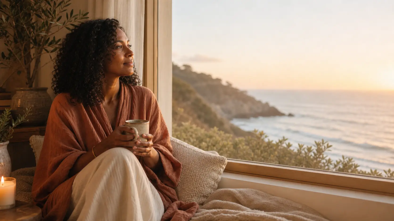 Woman in a terracotta wrap looking toward the ocean from a cozy window seat