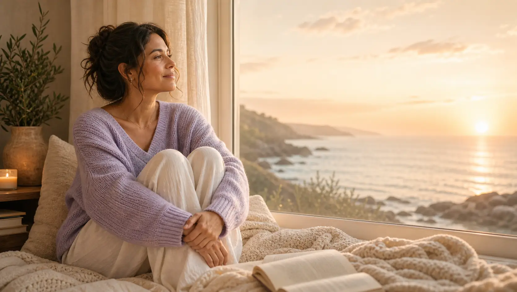 Woman in a lavender sweater relaxing beside a sunlit coastal window