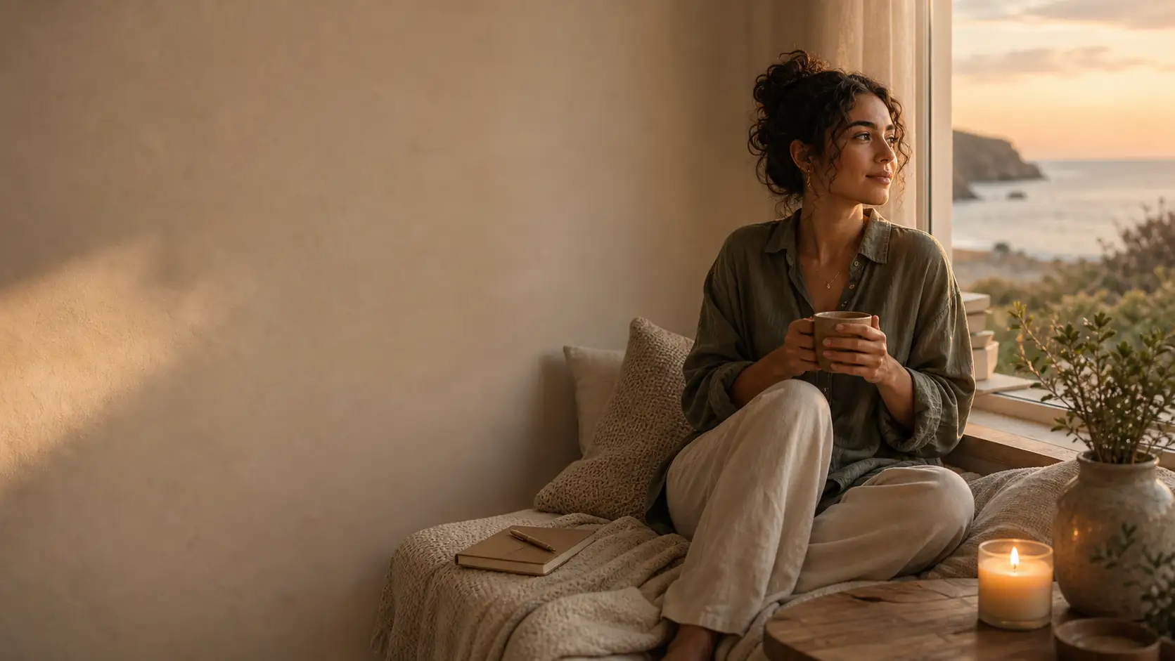 Woman in an olive linen shirt seated by a coastal window in warm evening light