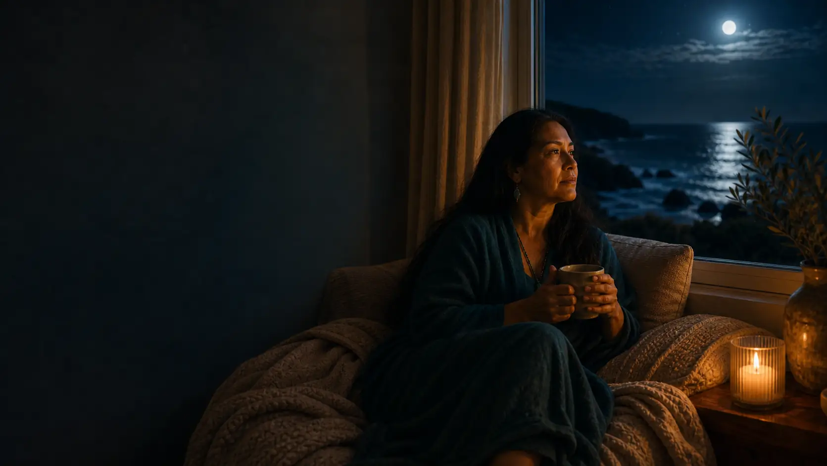 Woman in a deep teal robe seated near a moonlit coastal window with candlelight